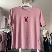 全店圆领纯棉套头小兔子图案粉红色，短袖百搭打底t恤女夏季韩
