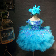 儿童演出服女童短款亮片蓝色蓬蓬裙主持钢琴，独唱表演演出礼服