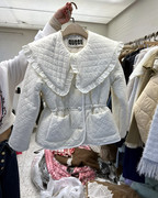 韩国东大门娃娃领收腰棉衣女23冬季白色单排扣修身甜美短外套