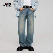 JFU 美式高街浅蓝色牛仔裤男春夏薄款宽松直筒潮牌阔腿长裤子男生