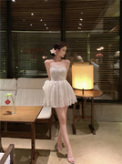 夏季上新设计(新设计)感古典芭蕾抹胸收腰礼服短裙纯欲白色蕾丝连衣裙636