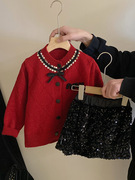 女童新年装毛衣开衫外套小香风，菱形珠片针织开衫洋气新年红色衣服