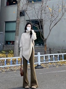 冬季温柔系穿搭女2022韩版时尚，套装高领宽松毛衣阔腿裤两件套