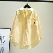 春日黄色单口袋(单口袋)拼接长袖棉布衬衫女2024韩版茶歇法式宽松上衣