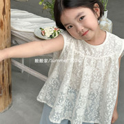 女童米色网纱娃娃衫夏季韩系女宝宝可爱上衣薄款无袖小衫洋气