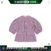 欧洲直邮GANNI 23 女粉紫色条纹棉质荷叶边胸口系带中衬衫