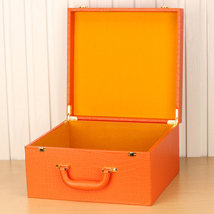 高档箱包包装盒鳄鱼纹PU皮质橙色盒木质手提皮盒黑色私人定制