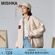 MISHKA大眼球美式复古秋冬季女款小个子棒球服短款外套仿羊羔绒