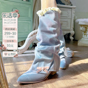 pinkyo原创牛仔靴子女2024春秋，复古尖头粗跟中筒裤管，靴西部靴
