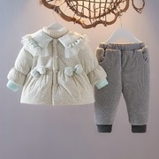 女宝宝冬装套装婴幼儿童，棉衣服01-2-3周岁，小童加厚夹棉卫衣两件套