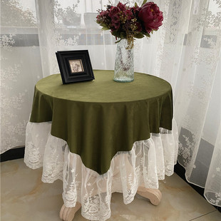 美式法式复古橄榄绿丝绒装饰蕾丝，桌布酒红金色，盖布茶几孔雀蓝台布