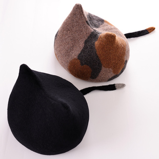 猫咪耳朵羊毛贝雷帽女秋冬季毛呢，保暖画家帽，时尚可爱小尾巴帽子