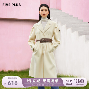 fiveplus100%羊毛双面呢长外套，女泡泡袖，呢子大衣女冬装