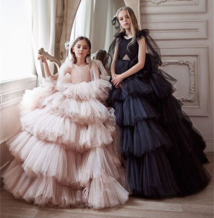 欧美女童高端礼服儿童钢琴走秀演出服女孩主持婚礼花童公主裙生日