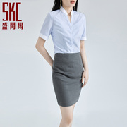 蓝条纹立领职业衬衫女短袖设计感小众v领衬衣修身气质韩版工作服