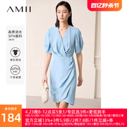 amii2024夏新v领羊腿袖收腰连衣裙子女小个子，显瘦减龄法式小黑裙