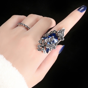c6韩式夸张蝴蝶蓝宝石戒指女时尚潮人食指，装饰指环个性网红戒子饰