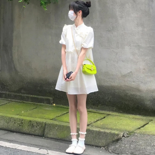 小个子新中式白色连衣裙女夏轻国风，复古中长裙，设计感小众旗袍裙子