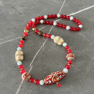 泰国多宝佛牌链红色玛瑙尼泊尔珠镶嵌手工项链民族风佛牌链唐卡链