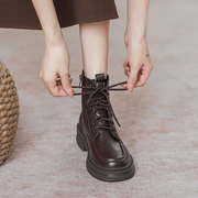 真皮马丁靴女款2023秋季英伦风内增高棕色，靴子小个子厚底短靴