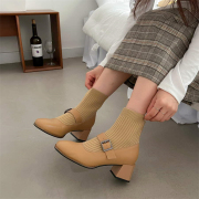 韩国东大门子24春季圆头，粗中跟皮带扣，舒适针织真皮短筒女靴子