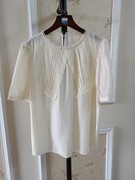 香ying影撤柜品牌折扣女装夏季米白色圆领拼蕾丝短袖衬衫