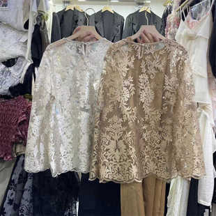 法式优雅刺绣花朵长袖衬衫，女夏季高级感圆领镂空设计感蕾丝衫上衣