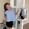 川度童装2024夏装女童韩版设计感个性不规则无袖短款翻领蓝色衬衫