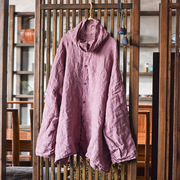 品质稀疏亚麻砂洗堆堆领大码中长款衬衫宽松长袖百搭麻衫文艺复古