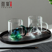雅集茶具玻璃观山杯带把手，千里江山青绿玻璃，茶杯办公家用水杯
