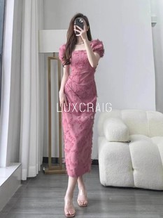 LUXCRAIG法式复古短袖连衣裙长裙高级感气质显瘦包臀裙子粉红色女
