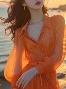 橘色雪纺衬衫连衣裙春装，女2024女高端精致法式绝美裙海边仙气