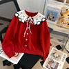蕾丝娃娃领甜美红色新年开衫，毛衣女(毛衣女)外套，秋冬2023设计感针织衫