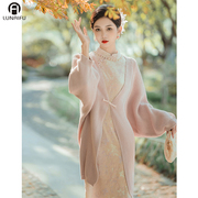 新中式气质名媛粉色法式改良民国风旗袍，外套外搭毛衣女冬套装长款