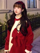 2024年秋冬女士毛衣慵懒风套头宽松重工圣诞红色蝴蝶结针织衫上衣