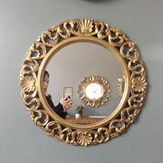 欧式浴室镜子复古金色化妆镜装饰镜子，圆形雕花镂空玄关梳妆镜精美