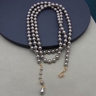 美国m&k级灰色琉璃珠，项链多种佩戴的珍珠长款项链冷酷级感