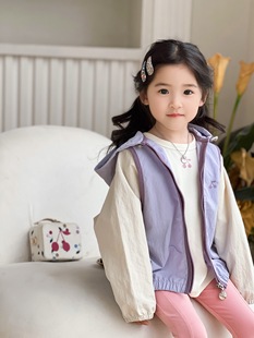 女童两色樱桃刺绣防风外套儿童，香芋紫色拼色外衣，24春夏三防衣