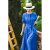 克莱因宝蓝色优雅气质曲线修身显瘦大摆中长款棉质连衣裙