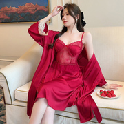 春秋季蕾丝红色新娘性感，长袖冰丝吊带裙睡裙两件套丝绸，睡袍女夏季