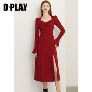 DPLAY冬法式复古果酱红宫廷领喇叭袖开衩敬酒服回门服订婚服