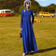 帝弗润驰24法式蓝色露肩针织连衣裙气质显瘦超长大摆女神长裙
