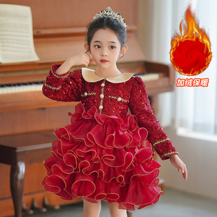 女童连衣裙秋冬洋气红色公主，裙加绒拜年生日婚礼，女孩花童裙子时髦