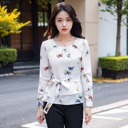 韩版时尚长袖雪纺春装，衬衫大码女风格，防晒ol圆领0253职业