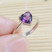 爱心形天然紫水晶戒指女纯银镶嵌宝石戒指环银饰品开口可调节紫色