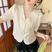 新中式国风短袖杏色v领衬衫，2024夏季女高级感复古雪纺上衣女