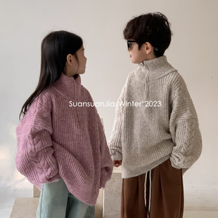 韩系男女童拉链麻花毛衣冬季儿童纯色加厚针织慵懒外套毛线衣