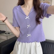 紫色短袖针织衫女士2024夏季甜美v领小衫木耳边短款T恤上衣