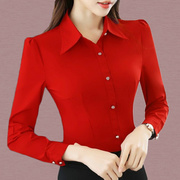 黑色红色衬衫女长袖，纯色韩版职业装正装，修身显瘦工作服上衣打底衫