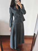 韩版毛呢西装套装，女冬装气质法式复古灰色，呢子西服半身长裙两件套